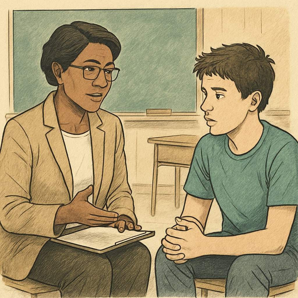 A counselor working closely with a student, symbolizing effective behavior correction programs tailored for disruptive students. Counselor addressing behavioral challenges with a student