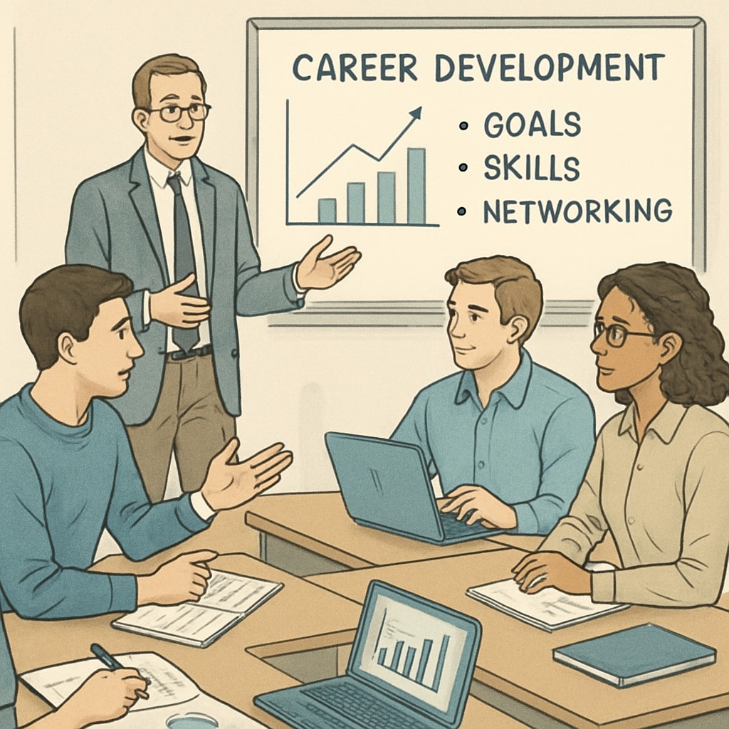 A group of young financial students in a classroom setting, discussing career development strategies. Financial students discussing career development strategies.
