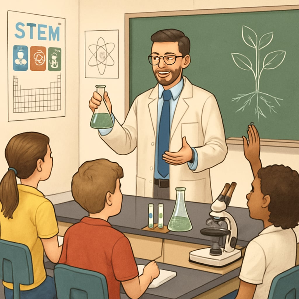 A STEM-focused classroom with a teacher leading a biology experiment, engaging students in the learning process. STEM classroom with biology-focused lesson, career transition to teaching.