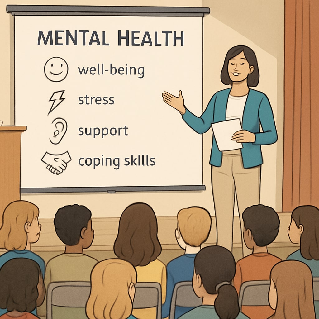 A group of students sitting in a school auditorium attentively listening to a presenter discussing mental health topics. High school students attending a mental health assembly in an auditorium.