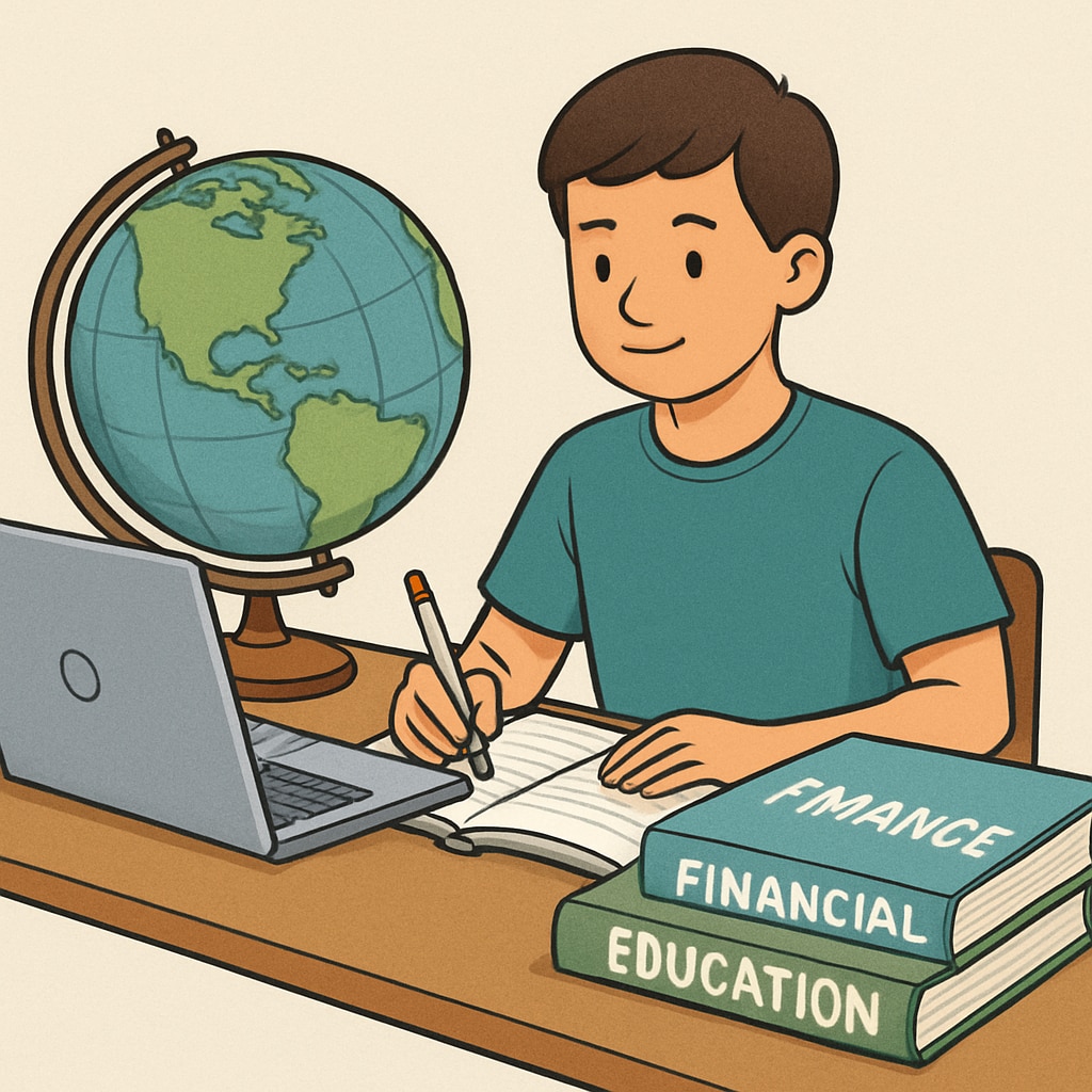 A student sitting at a desk with a globe, laptop, and financial textbooks, symbolizing the intersection of study abroad and financial education. Student studying with financial textbooks and a globe, symbolizing study abroad.