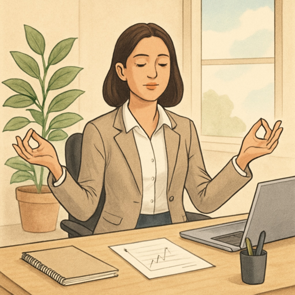 A woman entrepreneur meditating in a serene office environment, symbolizing mindfulness and balance. Woman entrepreneur practicing mindfulness inspired by Sadhguru.