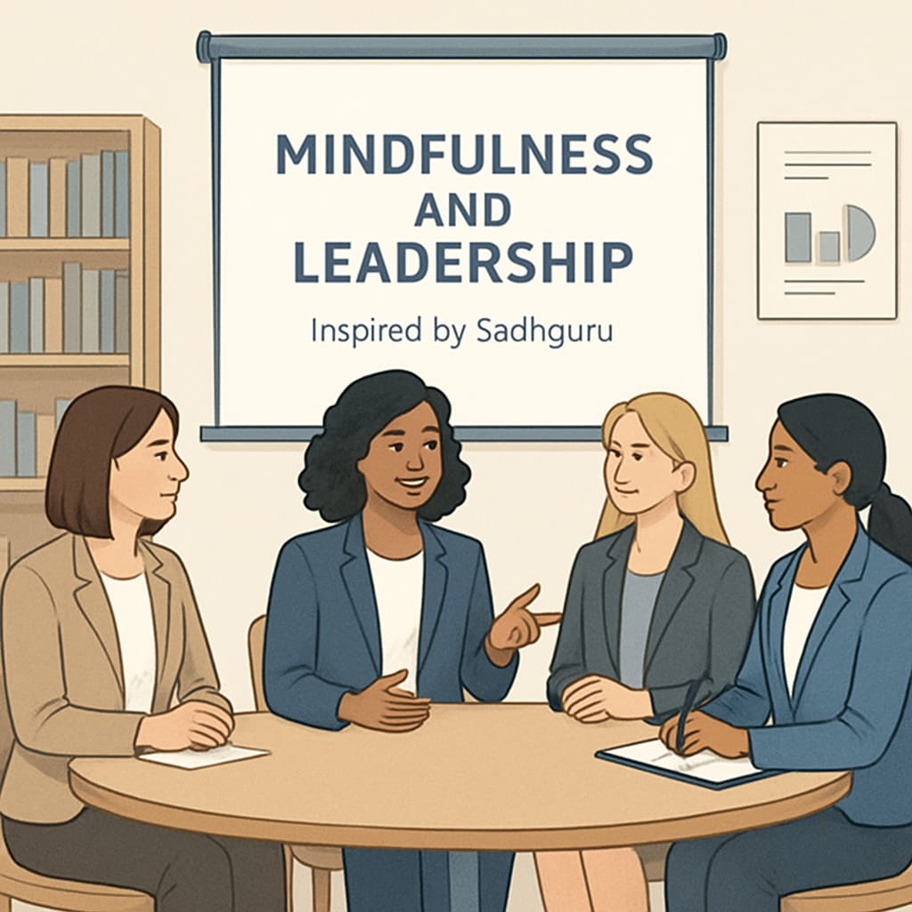 A panel discussion with women business leaders discussing mindfulness and leadership principles inspired by Sadhguru. Women entrepreneurs discussing leadership and mindfulness.