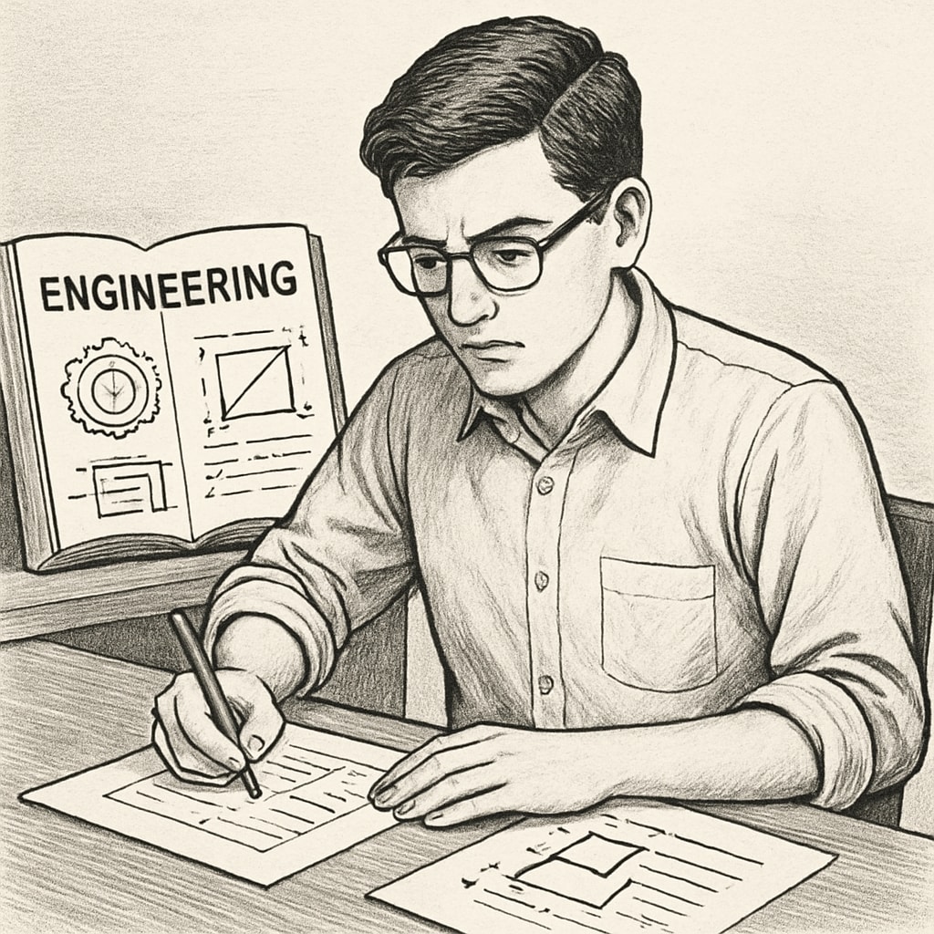 A university student studying engineering diagrams while preparing lesson plans, representing the dual focus on education and engineering. Student balancing education and engineering coursework.