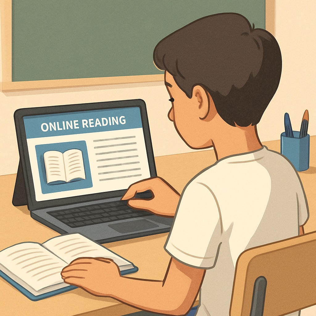 A close-up of a student using an online reading platform on a tablet or laptop. Student engaging with free online reading tools to build comprehension skills.