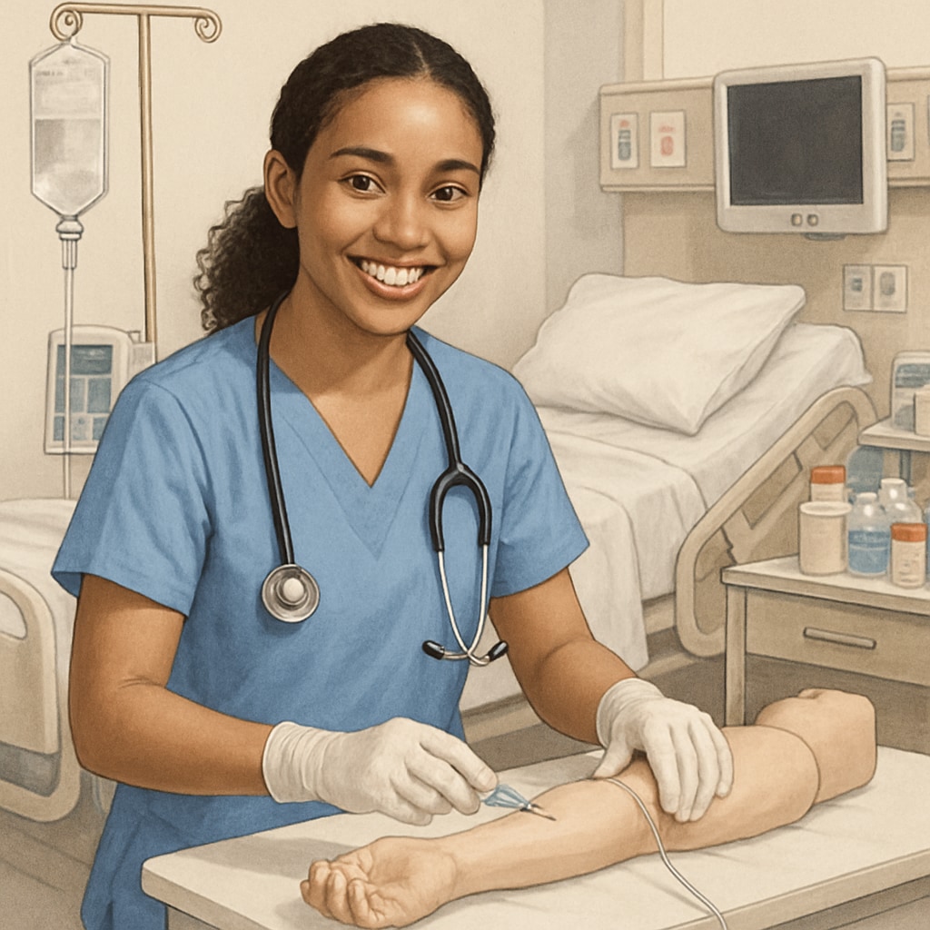 A smiling nursing student in a clinical lab wearing a stethoscope and scrubs, representing hands-on experience in nursing programs. Nursing student in clinical lab for hands-on training