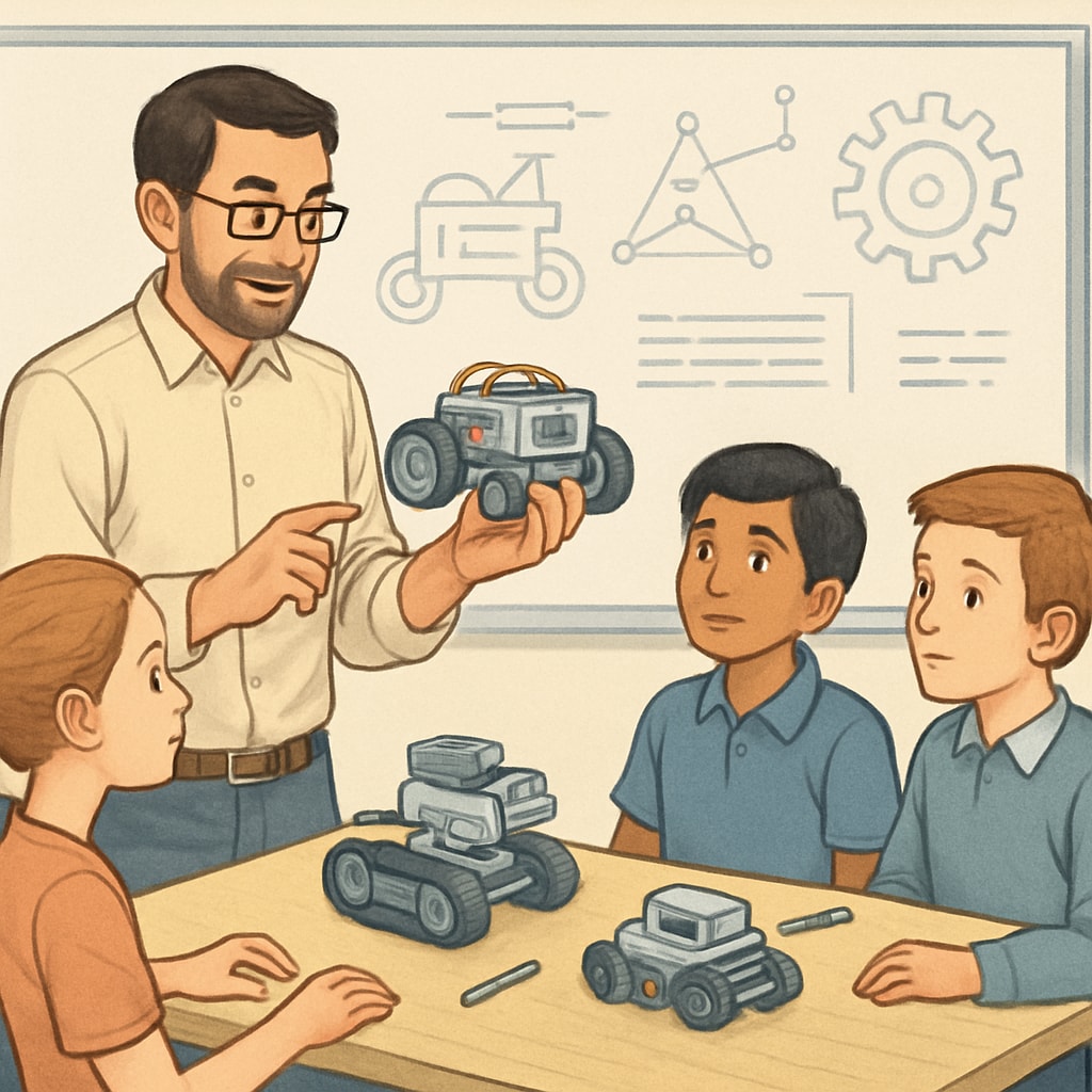 A STEM teacher demonstrating a robotics project to students, highlighting the practical application of engineering in education. STEM teacher showing robotics to students.
