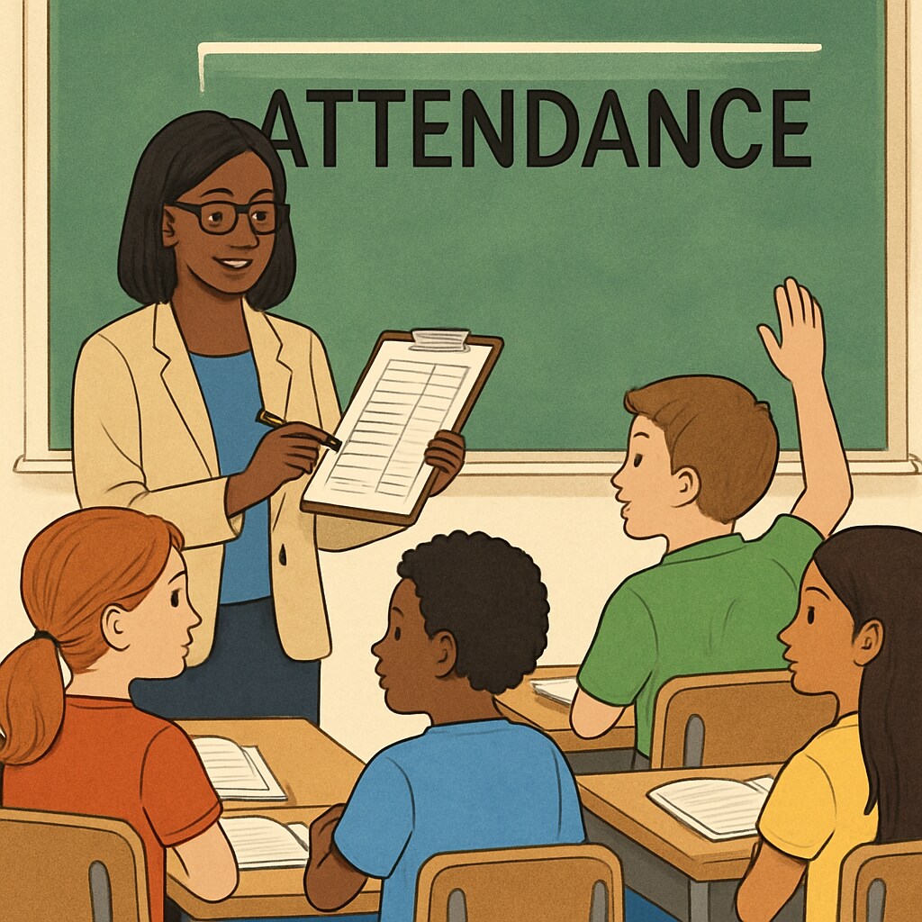 A teacher marking attendance in a classroom with a diverse group of students. This image illustrates the importance of attendance in educational settings. Teacher marking attendance in a classroom with diverse students