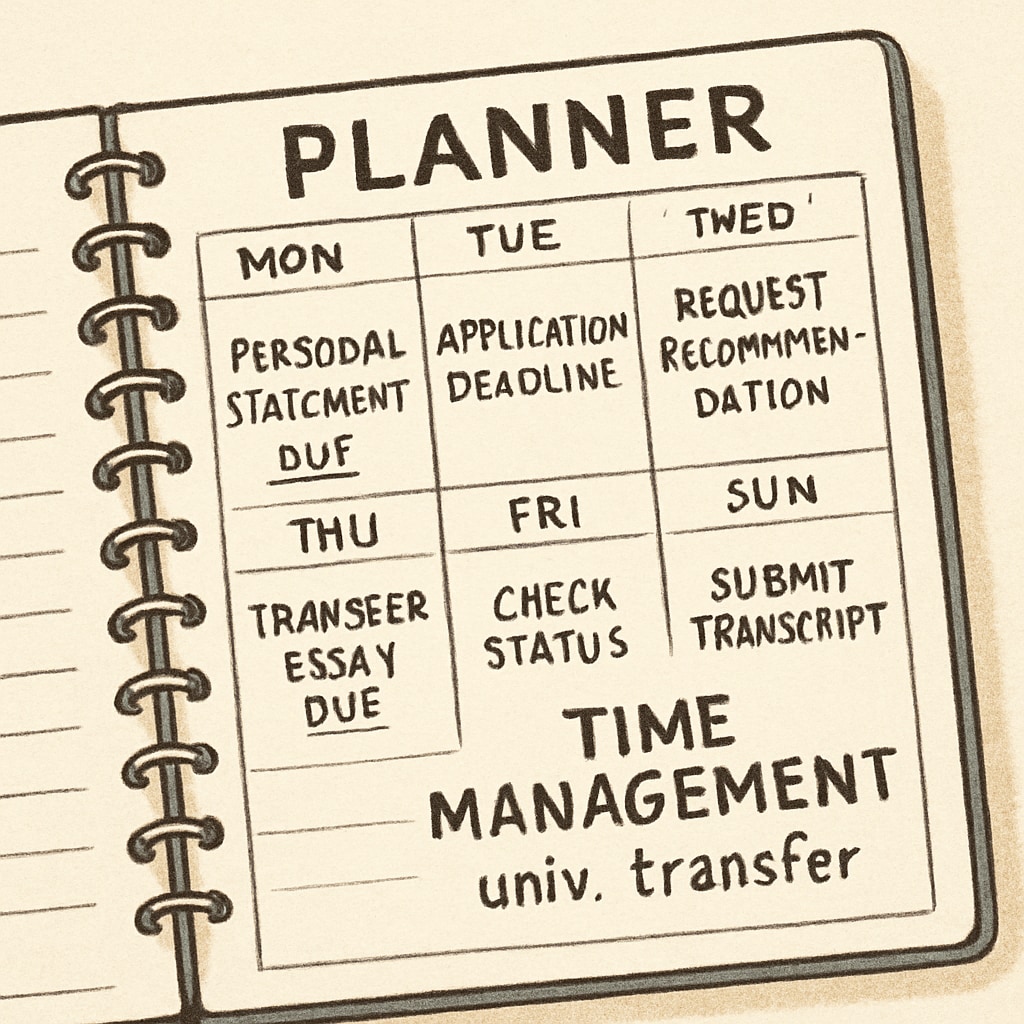 A planner with handwritten deadlines and notes, symbolizing effective time management for university transfer. Planner with deadlines for university transfer