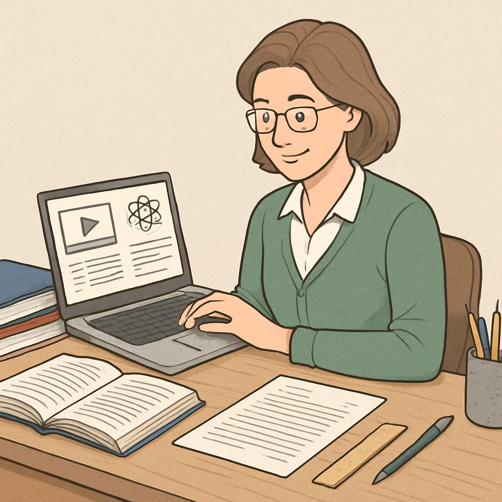 A teacher using a laptop to review educational resources at their desk. Teacher reviewing texts for a reading comprehension study.