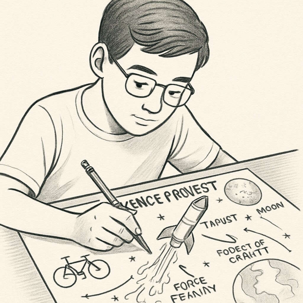 A student sketching a diagram for a science project, blending personal interests with academic learning. Student blending personal interests with academic work through creative projects.