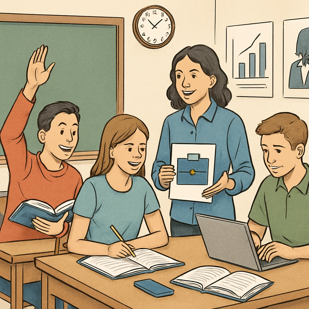 A classroom setting where students are engaged in both academic and career-oriented activities. Students learning in a classroom focused on both college preparation and career readiness.
