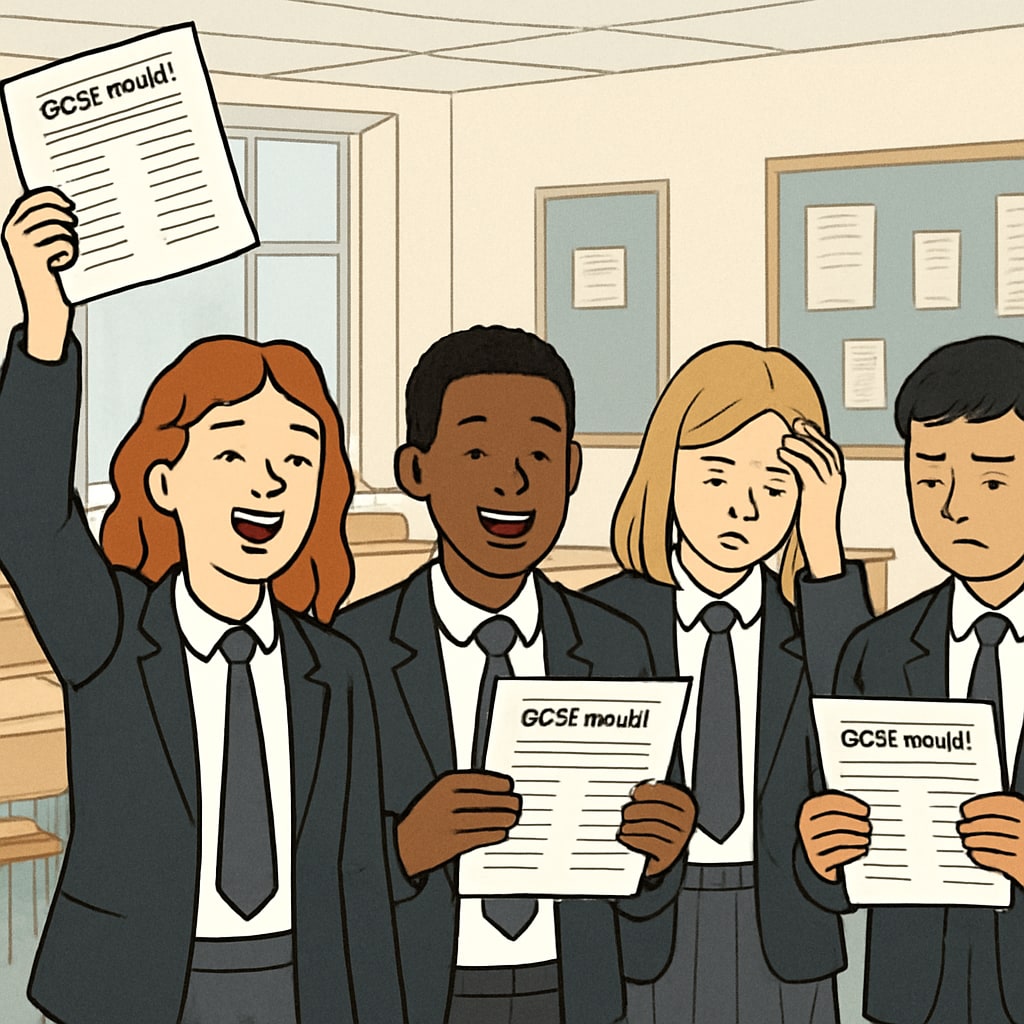 A group of students receiving GCSE results, showcasing a mix of emotions such as joy, relief, and disappointment. Students reacting to their GCSE results, reflecting academic concerns and career worries.