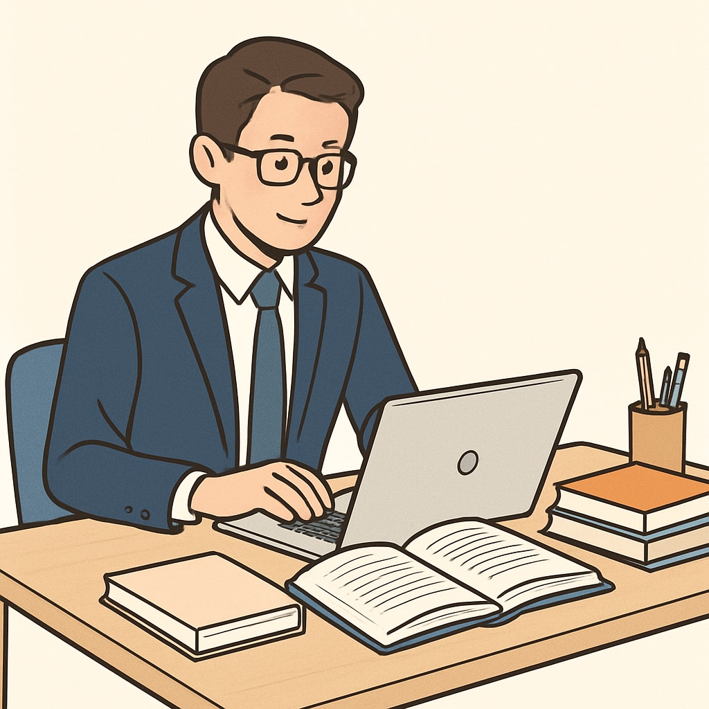 An adult professional studying at a desk with a laptop and textbooks, symbolizing the balance between work and education. Professional balancing work and education while studying for a master's degree.