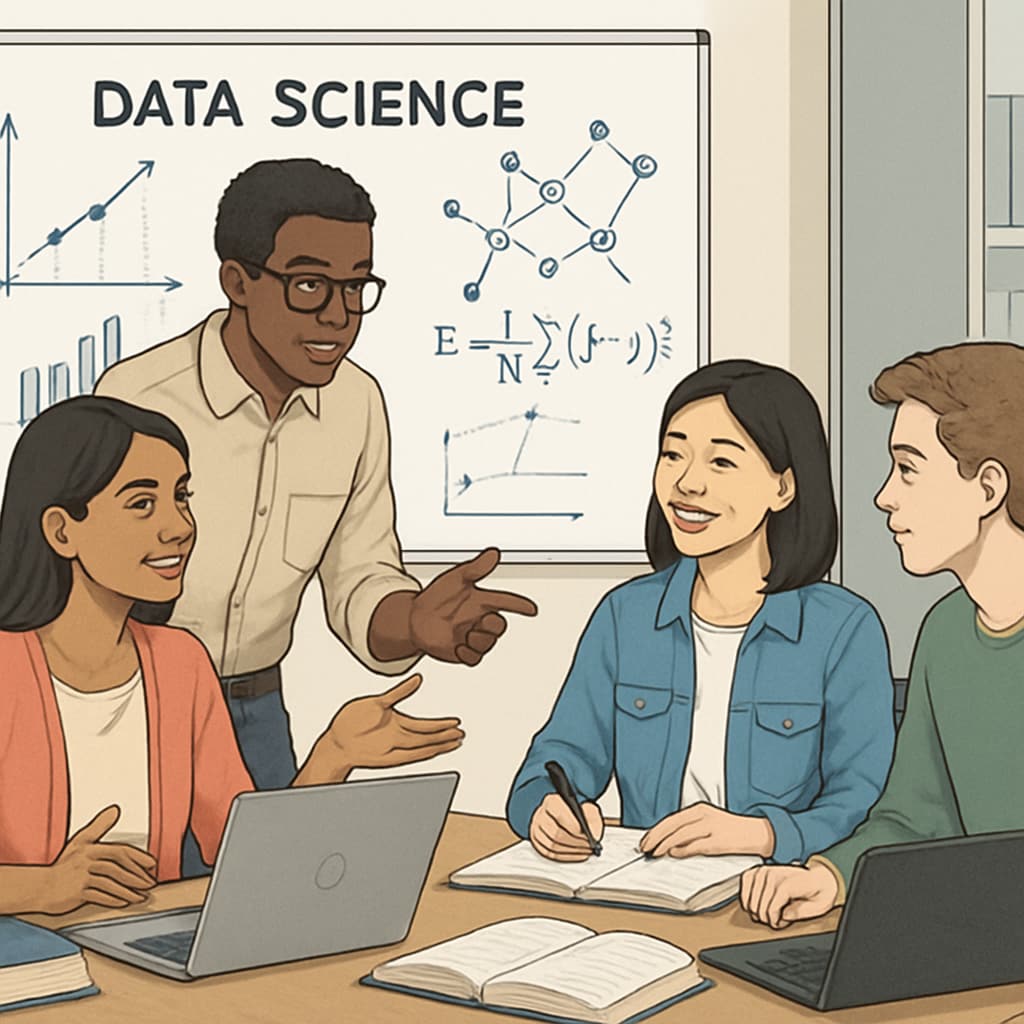 A diverse group of international students discussing data science concepts in a modern university setting. International students discussing data science concepts in a university setting.
