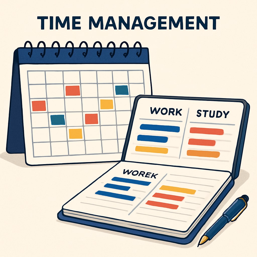 A calendar and planner with color-coded tasks, representing effective time management for work and study. Visual guide to time management for professionals balancing career and academics.