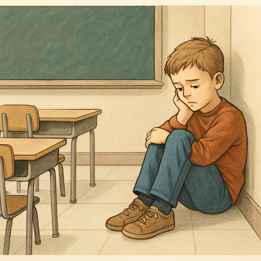 A thoughtful child sitting alone in a classroom corner, looking isolated and sad. This image symbolizes the emotional impact of isolation punishment on young students. A young child sitting in isolation as a form of punishment.
