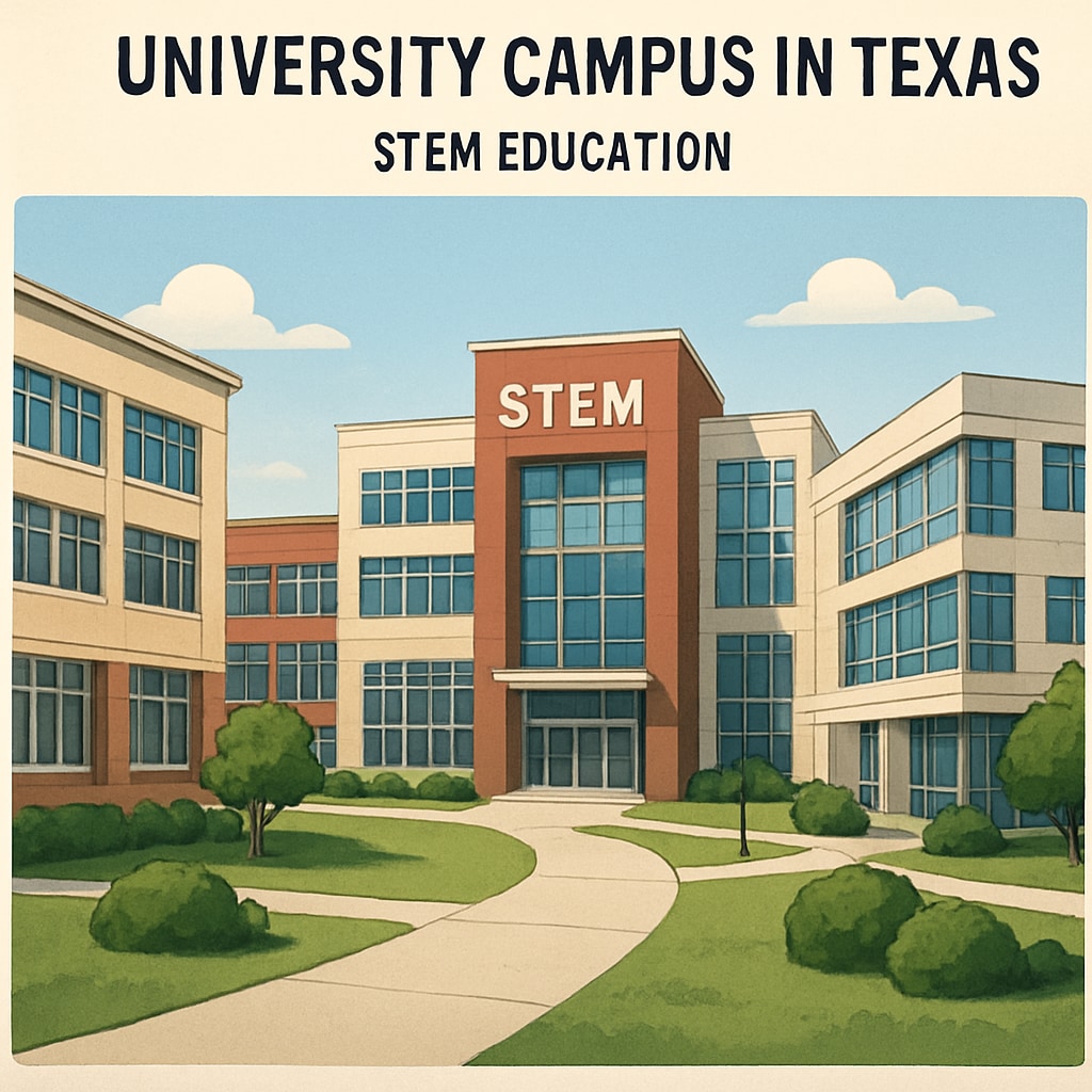 A university campus in Texas, showcasing modern academic buildings ideal for STEM education. A university campus in Texas with academic buildings for STEM education.