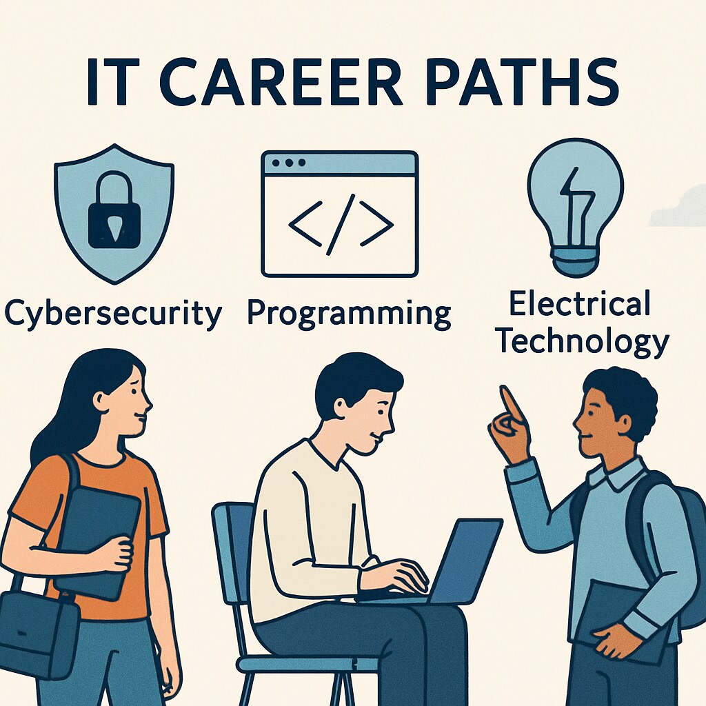 A conceptual illustration of students exploring different IT career paths, featuring icons for cybersecurity, programming, and electrical technology. Students examining IT career options like cybersecurity and programming.