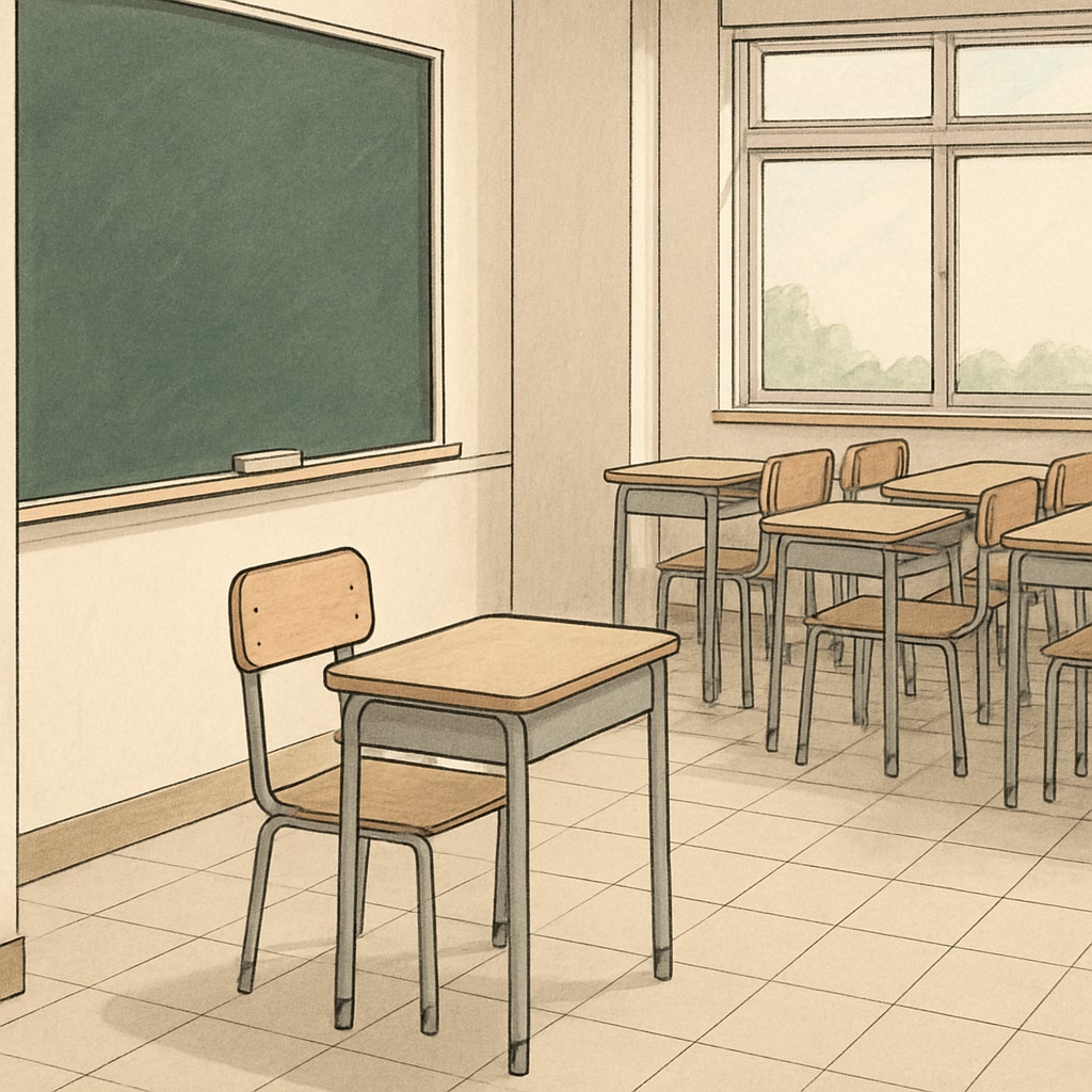 A classroom with an empty desk placed in a corner, symbolizing isolation as a disciplinary measure. This image represents the physical aspect of isolation punishment in schools. An empty desk in a classroom corner used for isolation punishment.
