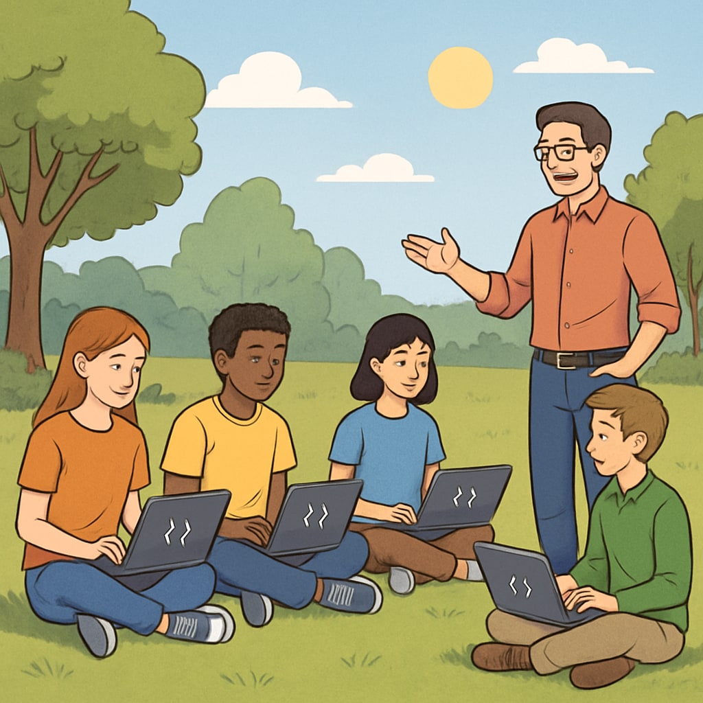 A group of students participating in an outdoor coding workshop, with laptops and a facilitator guiding them. High school students exploring extracurricular coding resources in a workshop.