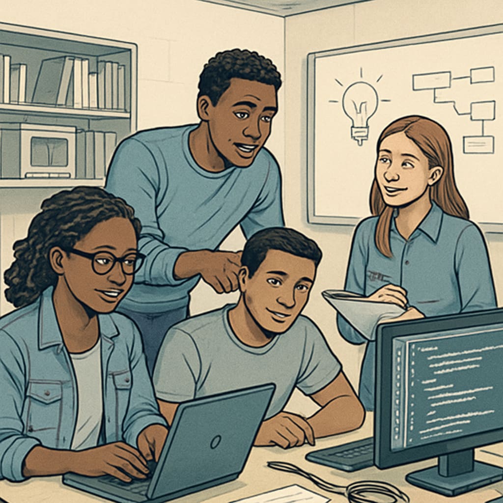 A diverse group of university students collaborating on a tech project, symbolizing teamwork and exploration in IT. University students working together on a tech project.