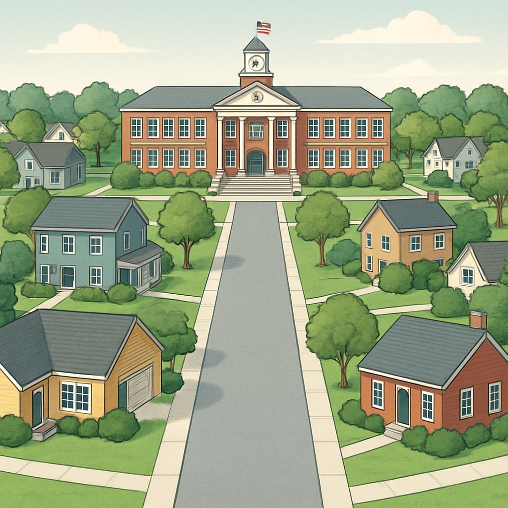 A suburban neighborhood with homes near a highly-rated U.S. school district, capturing the connection between education and property value. Homes near a top U.S. school district showcasing the link between education and real estate.