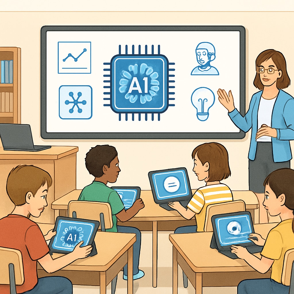 A classroom setting where students are engaged with AI-powered tools, symbolizing education adapting to the AI era. Students using AI-powered tools in a classroom, representing the future of education.