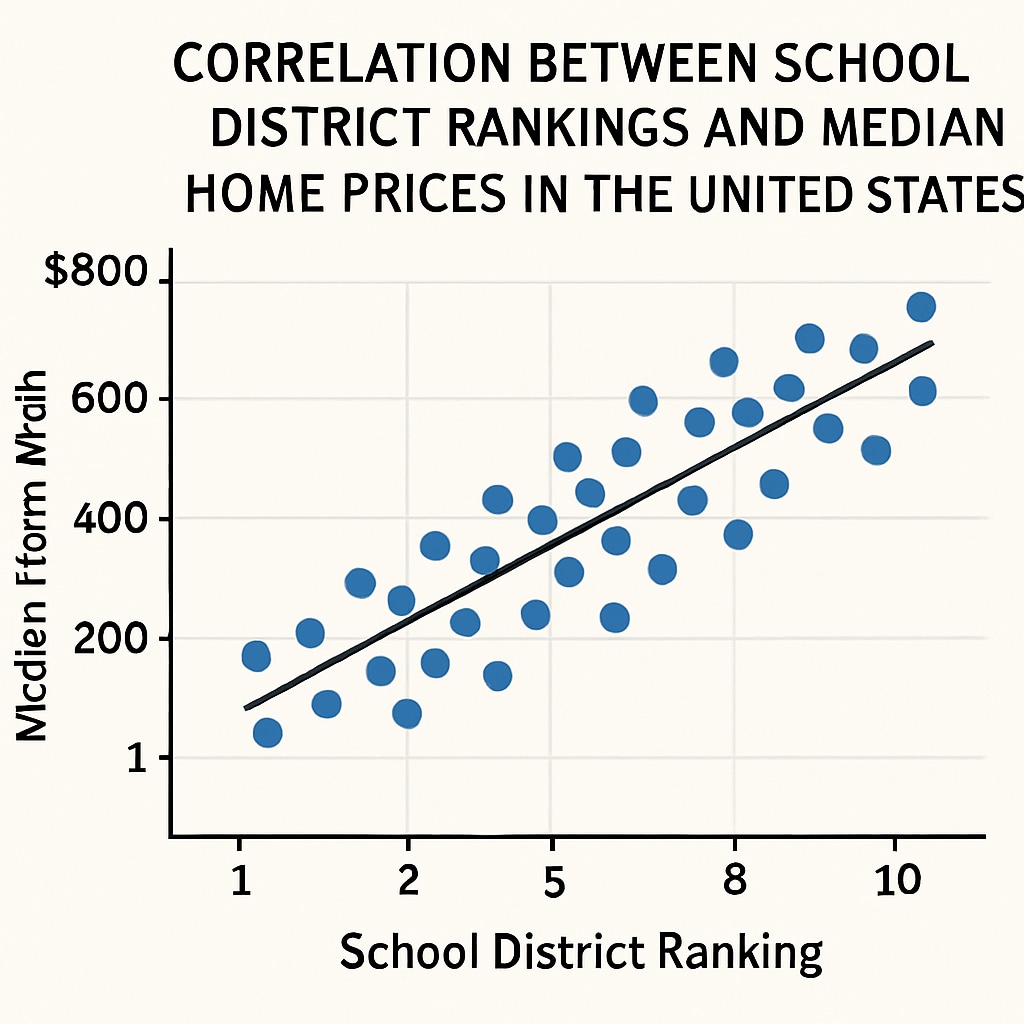 A chart showing the correlation between school district rankings and median home prices in the United States. Graph illustrating the impact of school district rankings on U.S. property values.