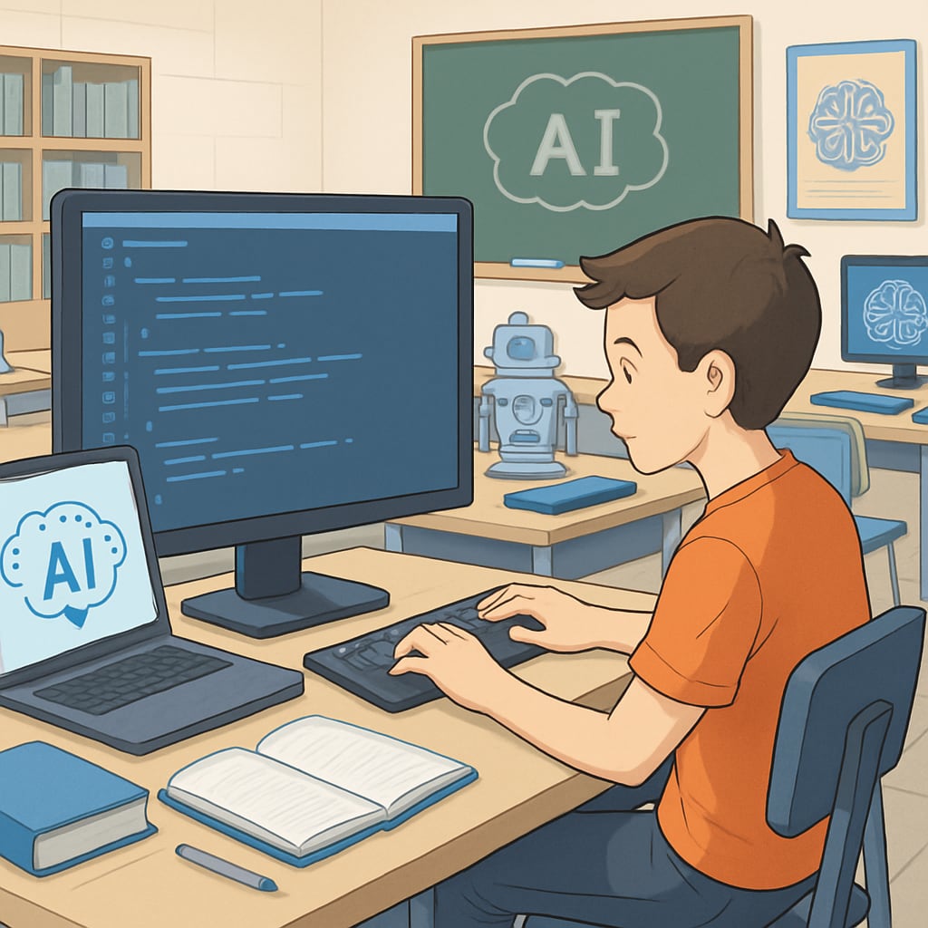 A student coding or working on a project in a classroom equipped with modern AI tools, showcasing the integration of technology in education. A student coding in a classroom with AI tools, emphasizing future-ready skills.