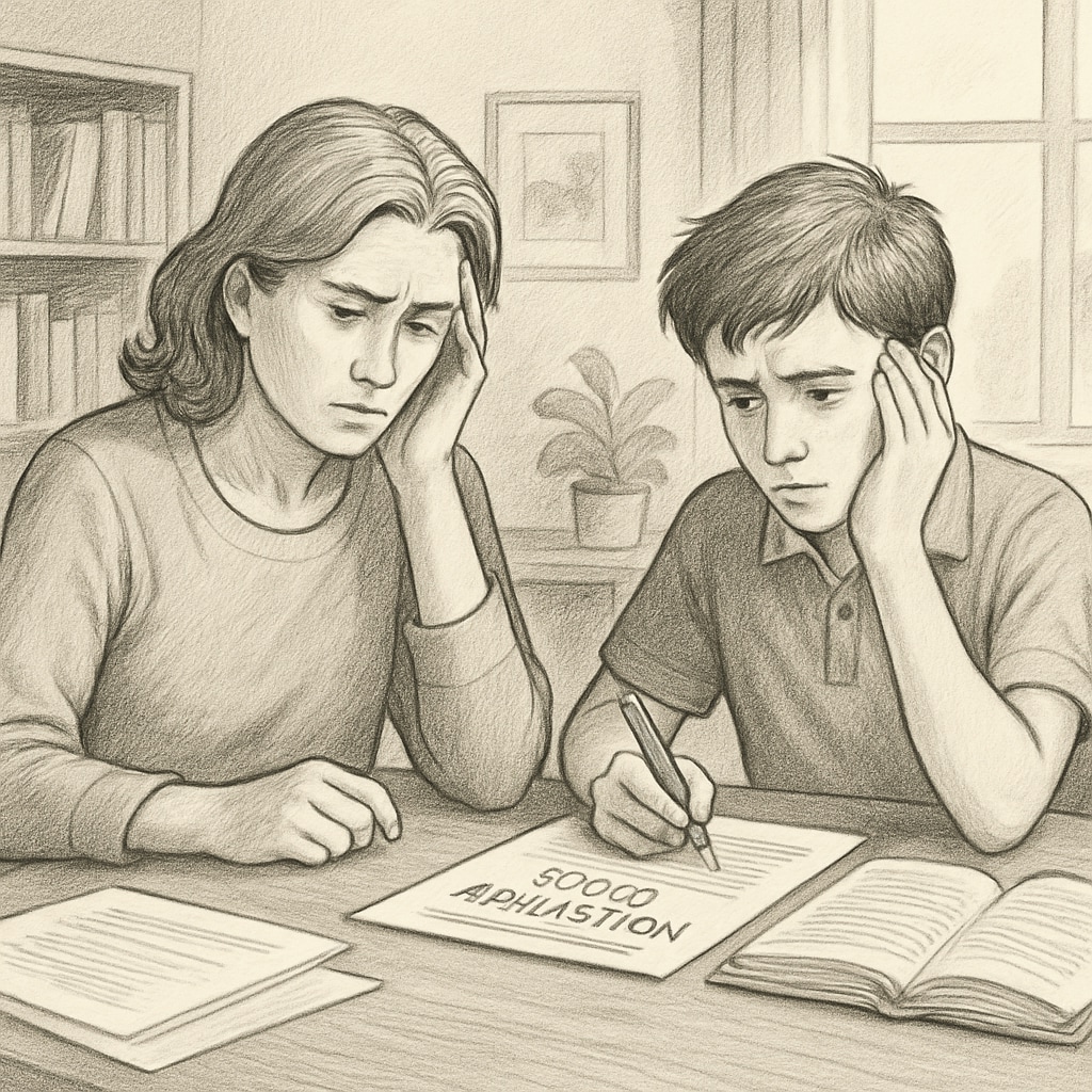 A frustrated parent and child reviewing school application documents in a home setting. Parent and child struggling with school applications for special needs education.