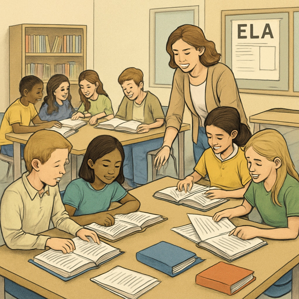 A classroom with students working on reading comprehension activities in small groups, demonstrating collaborative learning in an ELA setting. Fifth-grade students engaged in group reading comprehension activities.