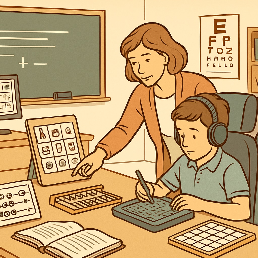 A classroom equipped with special educational tools and a teacher assisting a student with learning disabilities. Teacher helping a student with special needs in a well-equipped classroom.
