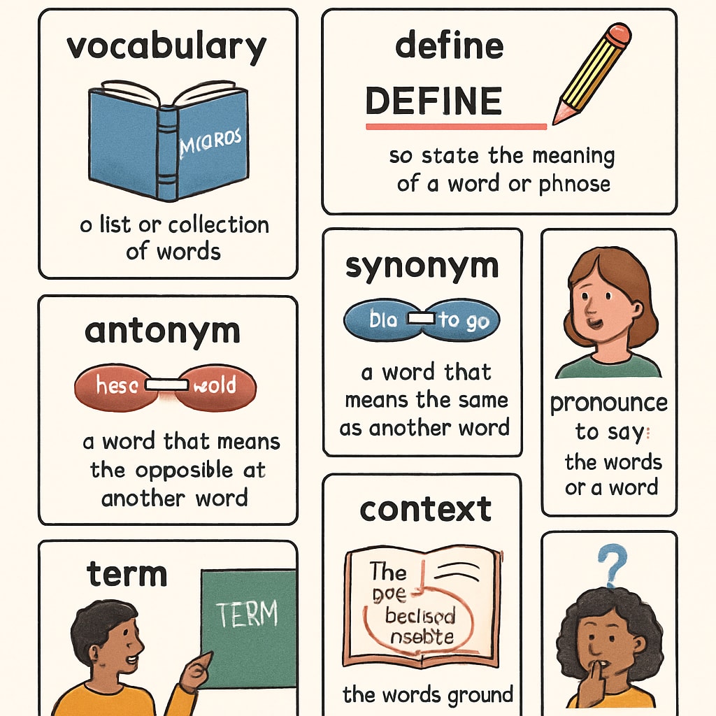 An educational word wall showcasing vocabulary terms with visual aids and definitions, highlighting effective vocabulary learning strategies. A word wall used in fifth-grade ELA classrooms for vocabulary reinforcement.