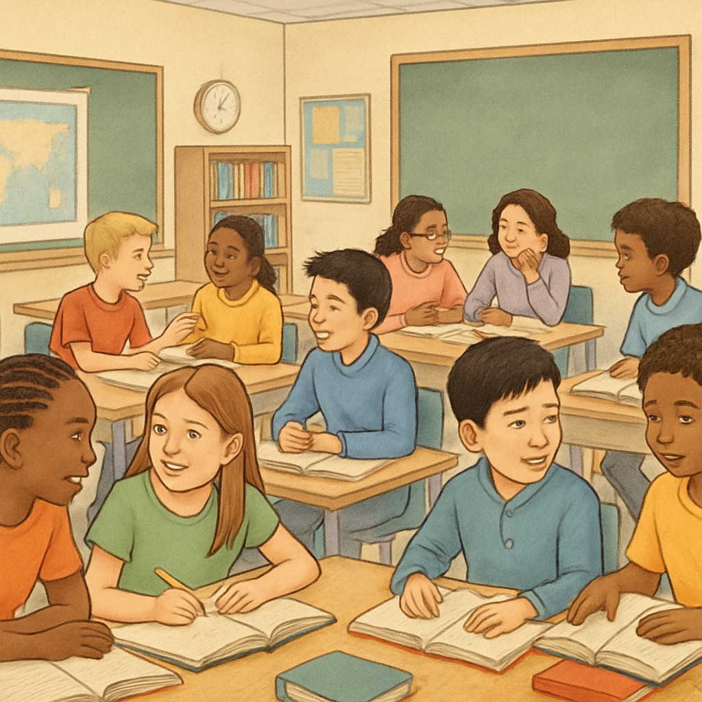 A diverse classroom in the United States promoting group learning and inclusivity. Students are engaged in discussions and collaborative projects. Classroom promoting inclusivity and equality in US education system