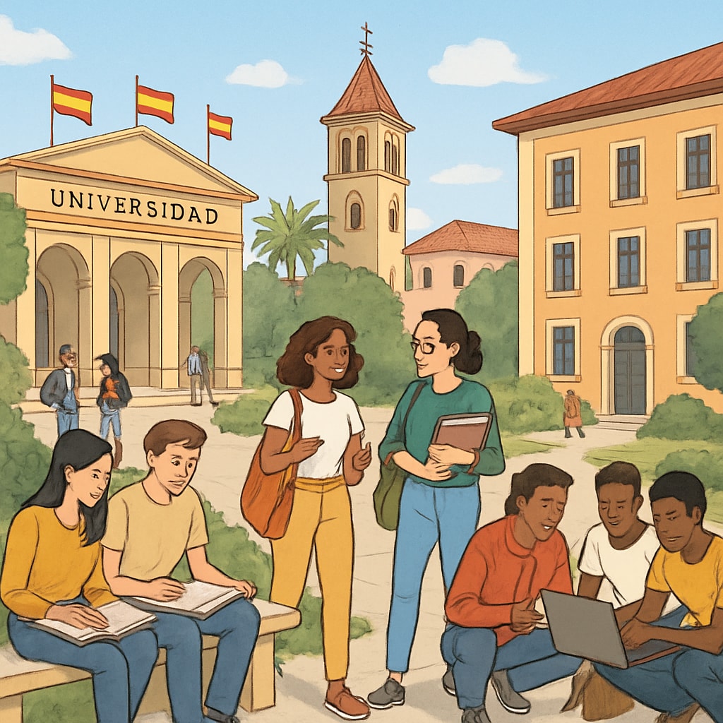 A lively university campus in Spain, showcasing students interacting and studying together. This image highlights the vibrant academic and social environment. University students interacting on a campus in Spain, emphasizing cultural integration and academic life.