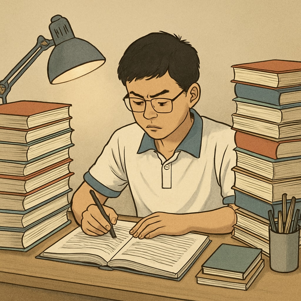 A high-achieving Chinese student preparing for the Gaokao, surrounded by textbooks. The image conveys the intensity and focus required for this competitive exam. Chinese student preparing for Gaokao exam in elite education system