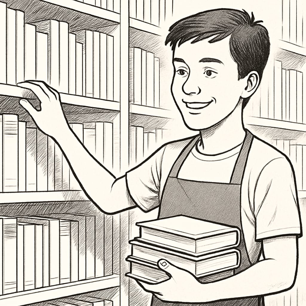A teenage student working part-time at a bookstore, smiling while organizing shelves. High school student working part-time in a bookstore, demonstrating the balance between work and academics.