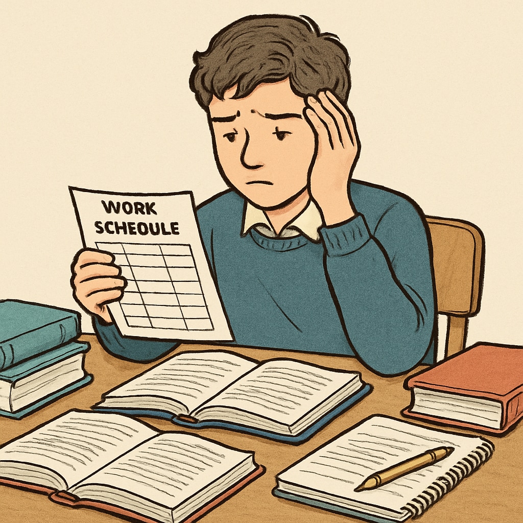 A high school student sitting at a desk with books, looking stressed while checking their work schedule. High school student stressed about balancing work and academics, reflecting challenges of part-time jobs.