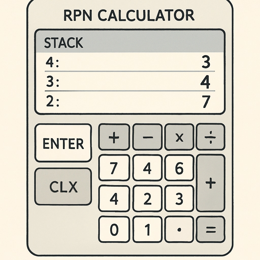 An RPN calculator interface showing a stack-based computation process in a student-friendly design. RPN calculator interface demonstrating step-by-step stack-based operations for mathematics.
