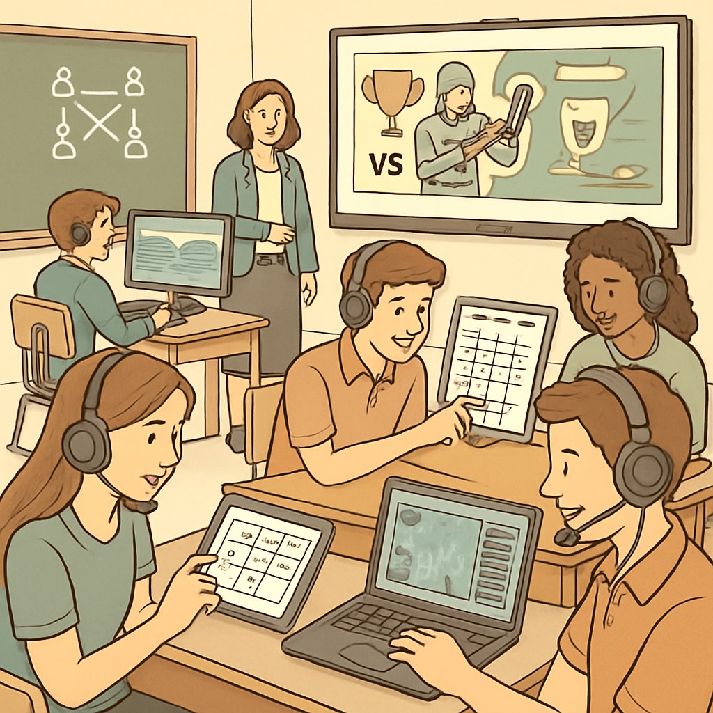 A classroom of high school students participating in a gamified learning session, with esports elements integrated into their activities. Gamified learning session with esports integration in a high school classroom.
