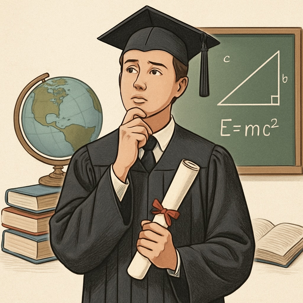 A high school graduate holding a diploma, reflecting on their future options. High school graduate with a diploma, considering future paths after a corrective diploma.