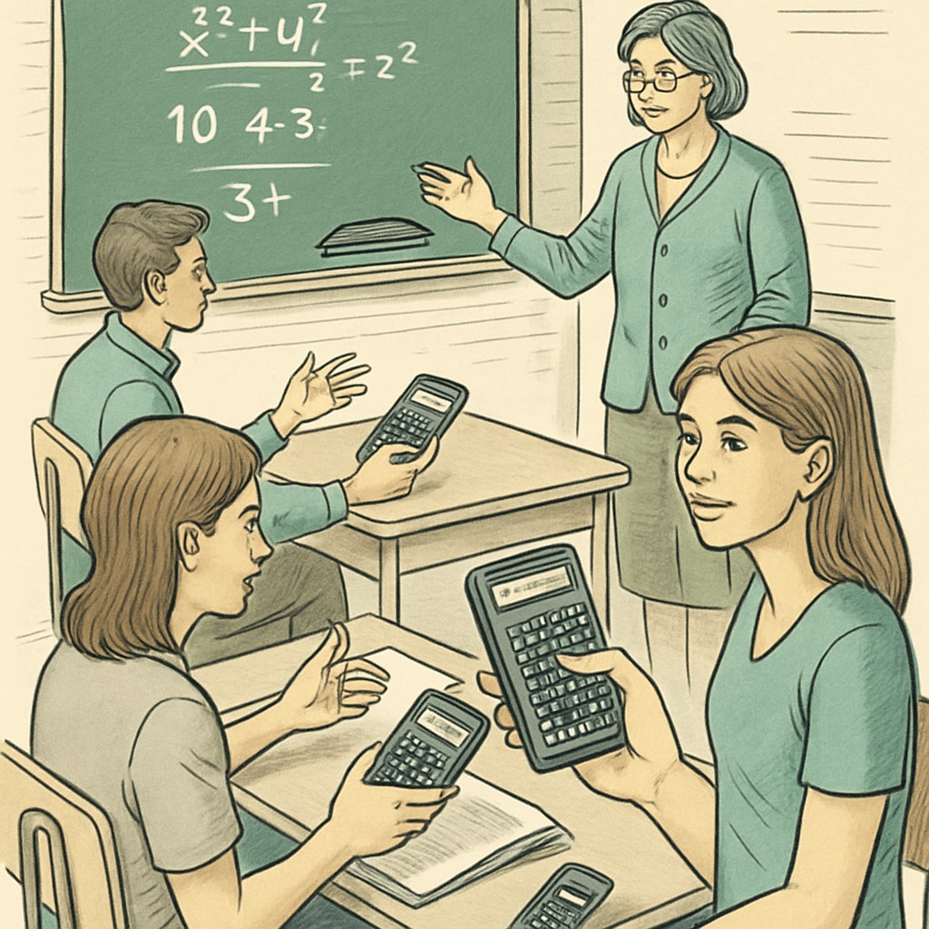 A classroom setting where students are engaged in learning mathematics using RPN calculators, highlighting the tool's educational value. Students in a classroom using RPN calculators to solve math problems interactively.