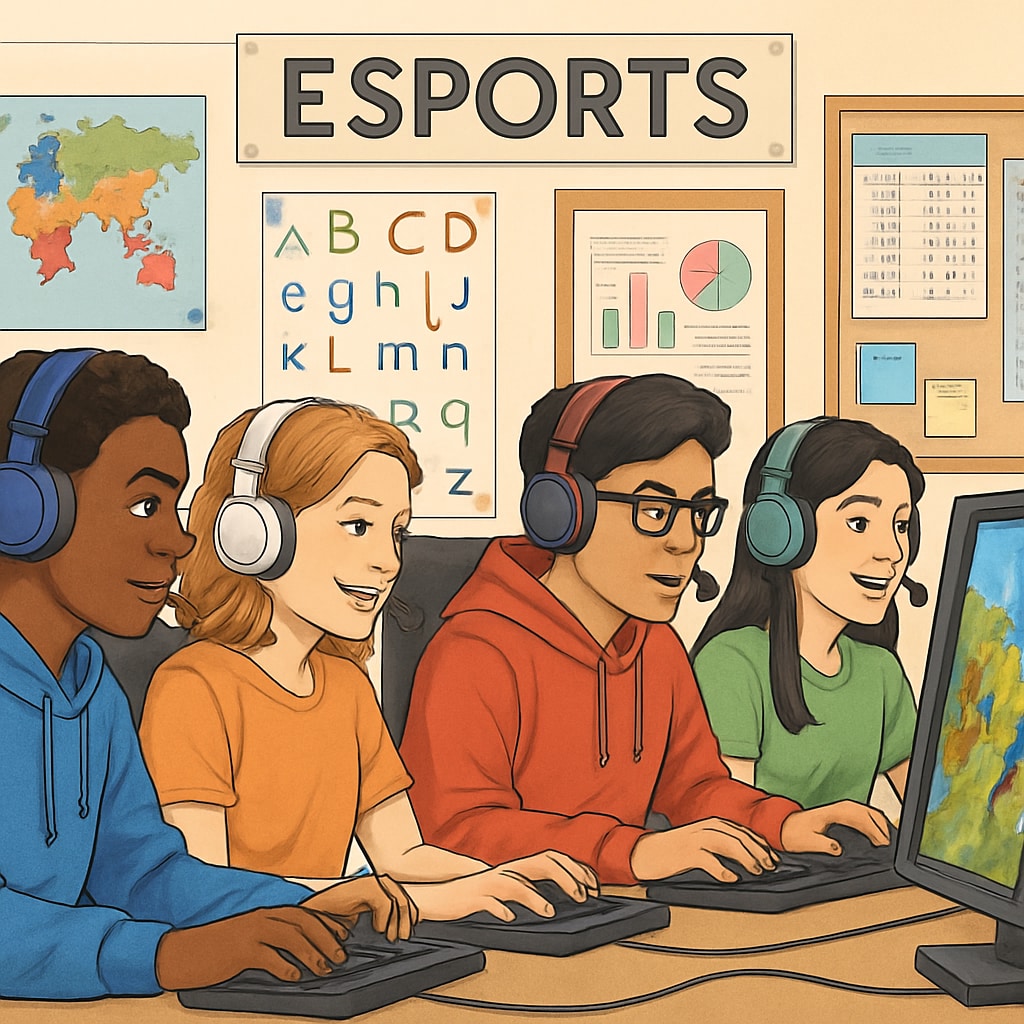 A diverse group of students participating in an esports tournament, with educational posters and materials in the background. Students in an esports tournament with educational materials in the background.