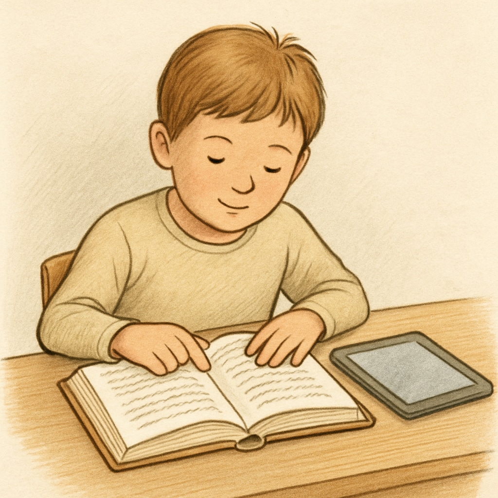 A child reading a book with a tablet next to them, representing digital alternatives to Accelerated Reader. A child reading a book with a tablet, symbolizing tools for reading comprehension and alternatives to Accelerated Reader.