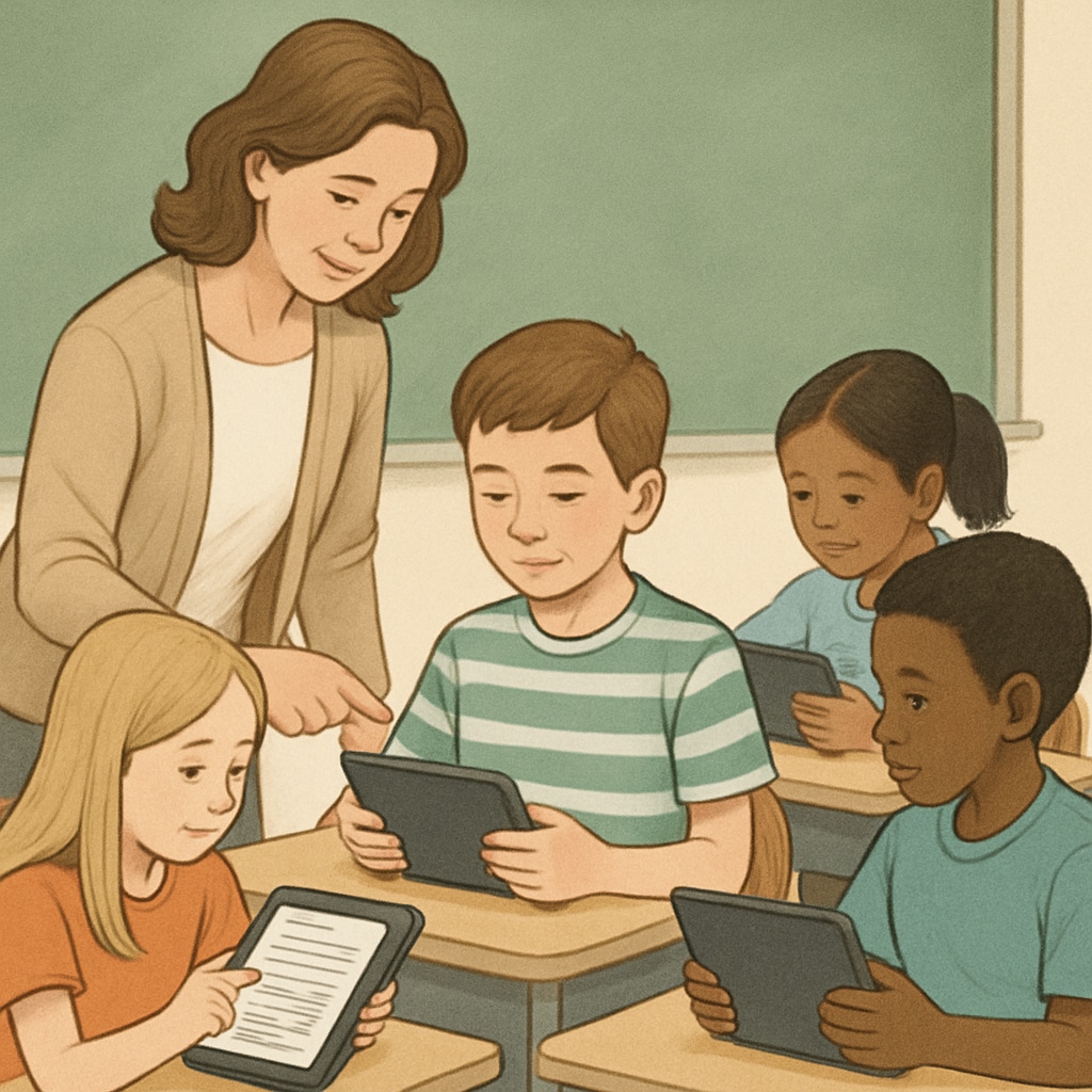 A teacher working with a group of students on tablets, showcasing the use of digital reading tools in a classroom setting. A teacher and students using digital reading tools in a classroom, illustrating free reading comprehension resources.
