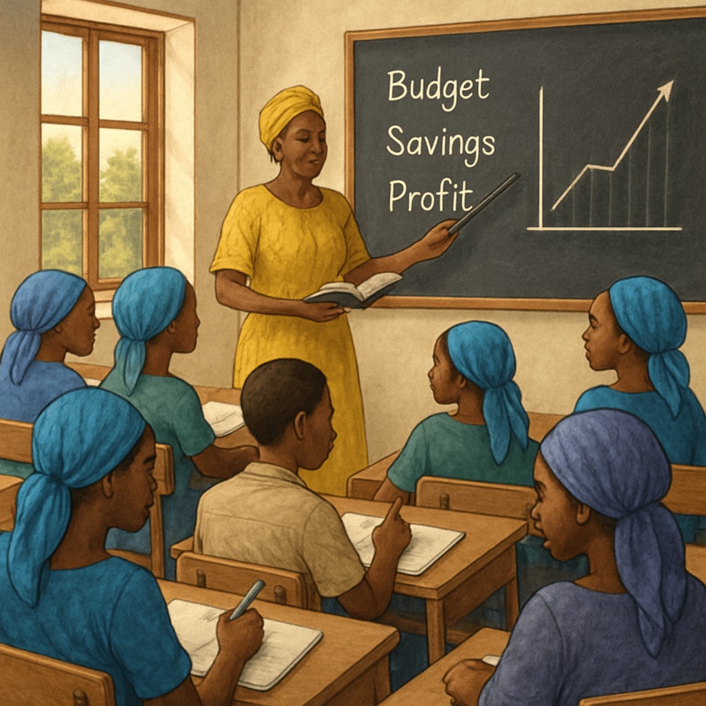 A classroom setting in Mali, showing students engaged in learning finance-related topics. Students in a Malian classroom learning financial concepts, symbolizing local education challenges.