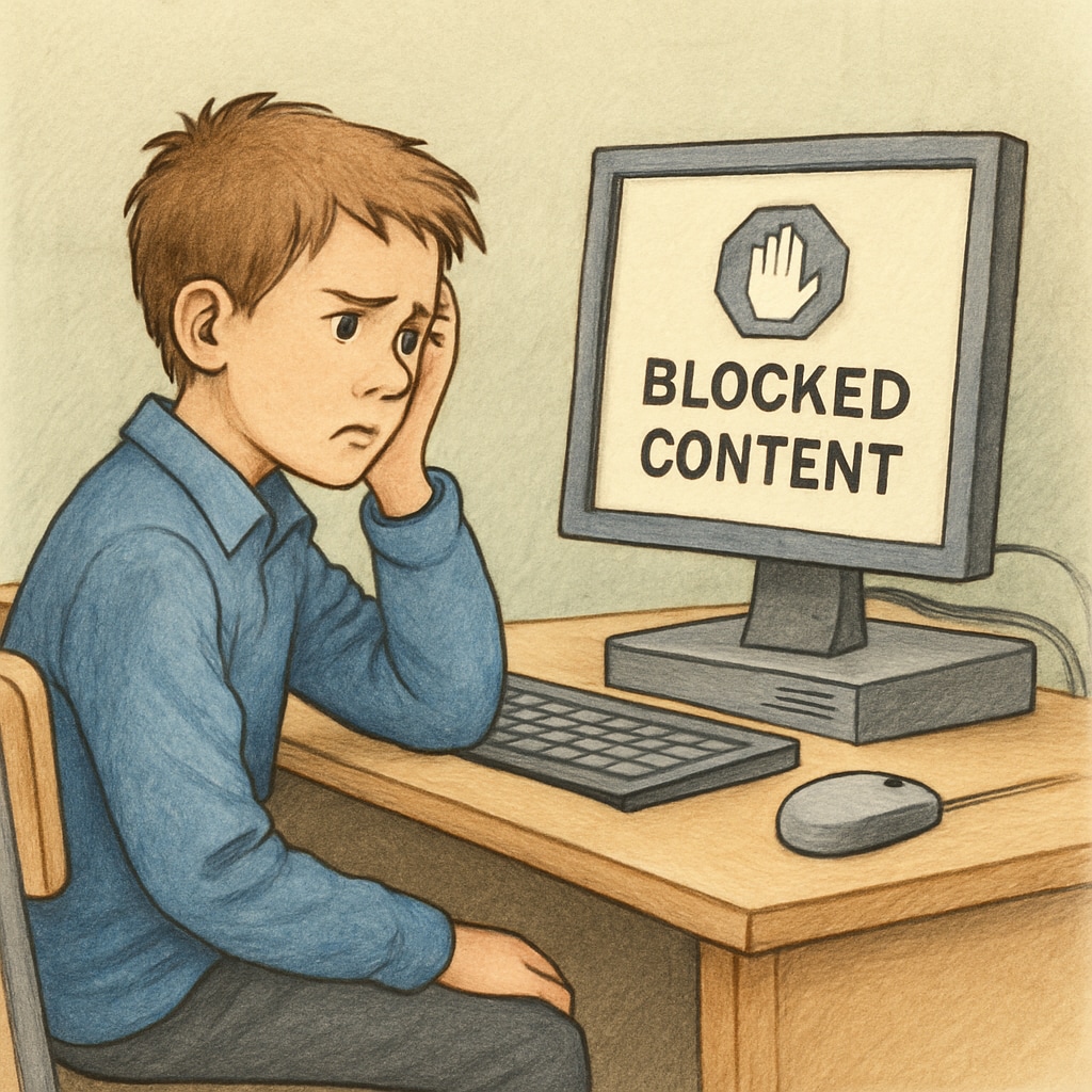 A student using a school computer, looking frustrated because of blocked content. A frustrated student encountering internet censorship while researching.