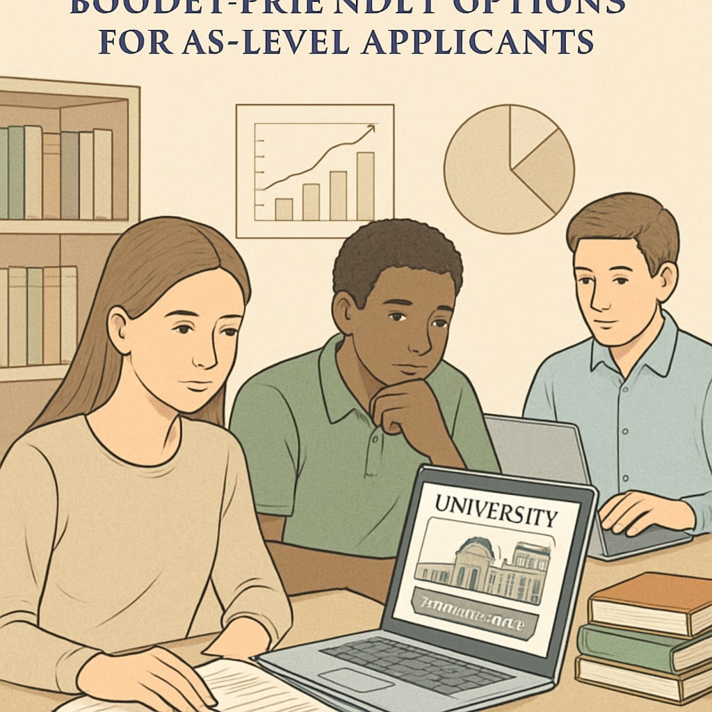Students researching universities online, highlighting budget-friendly options for AS-Level applicants. Students researching affordable universities for AS-Level applications