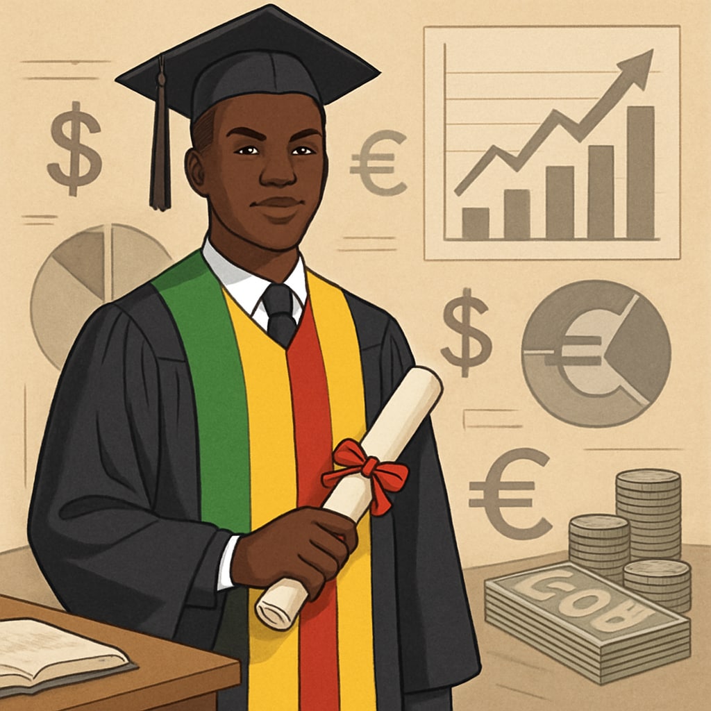 A Malian student graduating abroad, symbolizing new career opportunities in global finance. A Malian student celebrating graduation abroad, representing global education and career pathways.